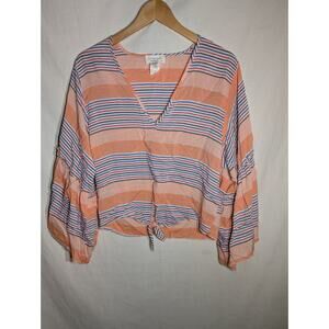 Lavender Fields Womens striped‎ blouse sz M Bell Sleeves boho feminine coastal